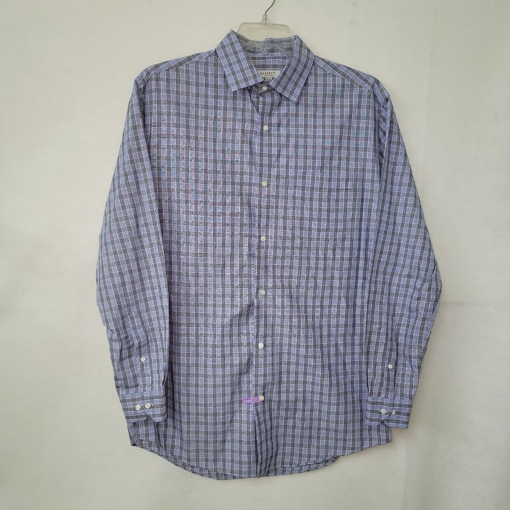 Robert Barakett Shirt Mens 16x34-35 Blue/Grey Plaid‎ Long Sleeve Dress Shirt